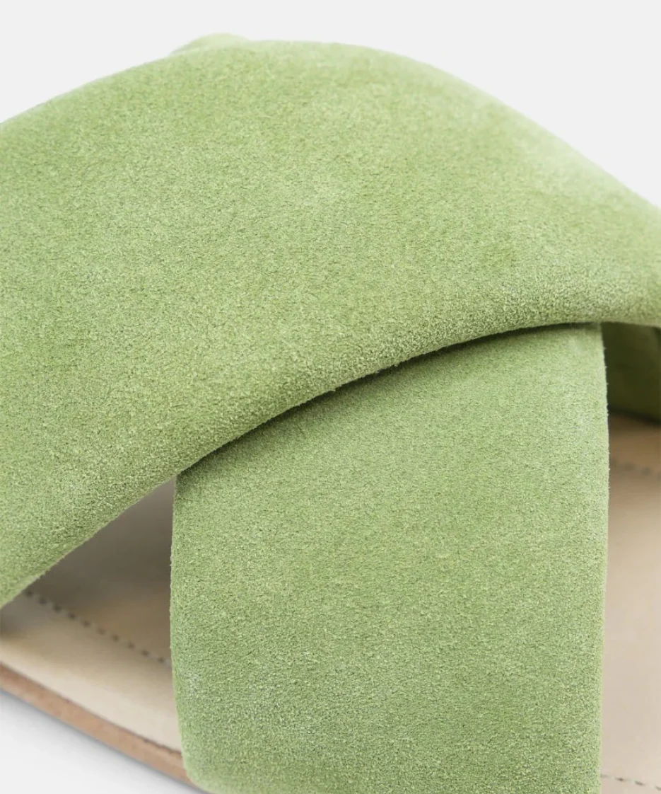 Close-up of a green suede shoe on a light gray background