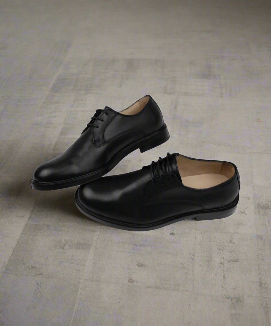 Pair of black dress shoes on a gray background
