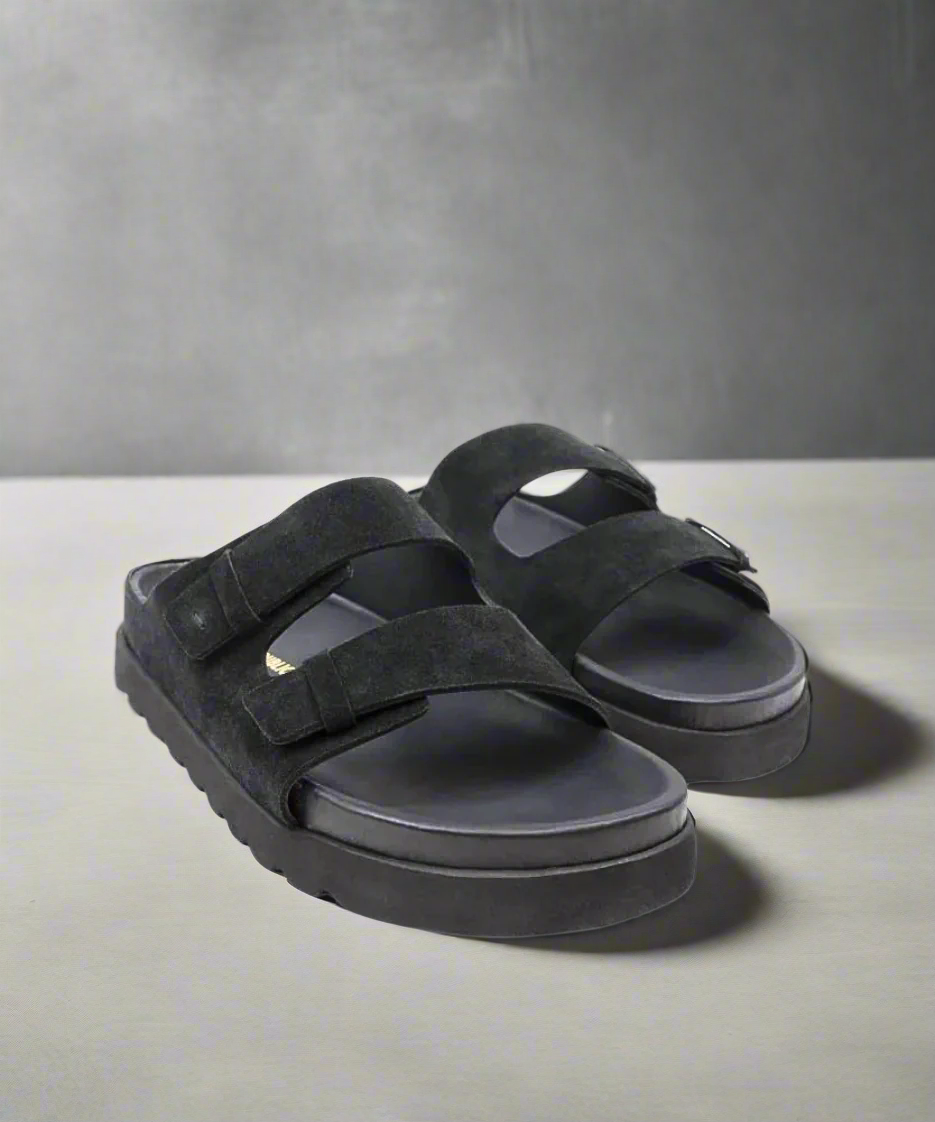 Black sandals with multiple straps on a GRAY background