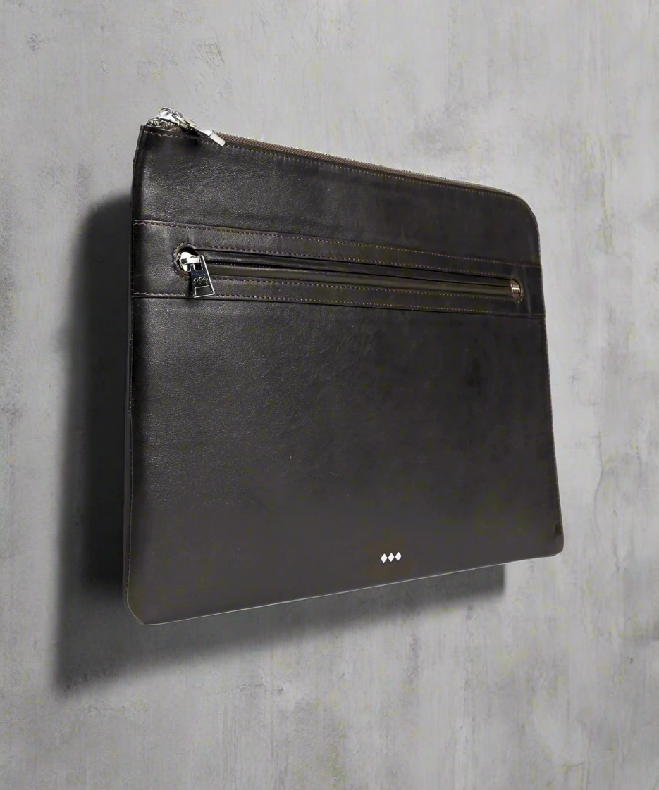 Black leather pouch with zipper on a gray background