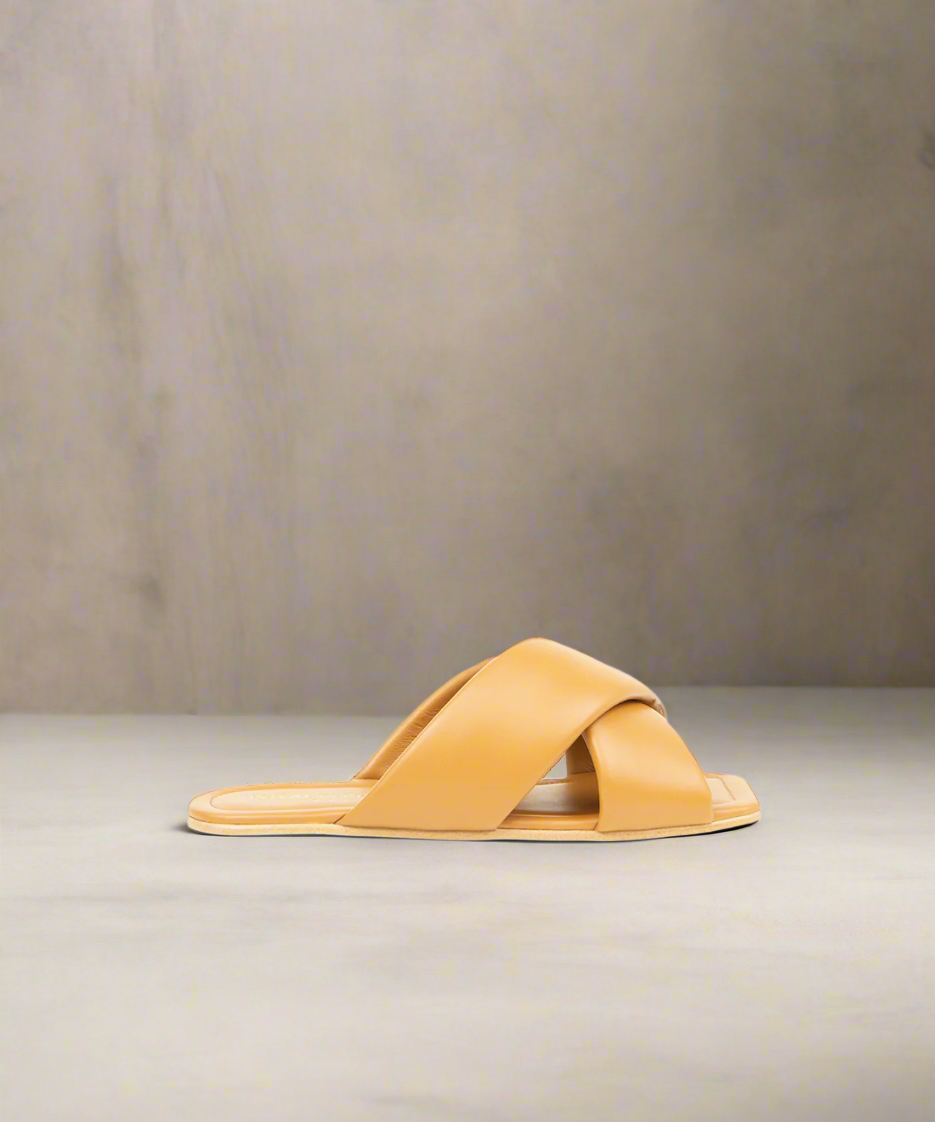 A pair of tan flat sandals with a crisscrossed strap design on a grey background.