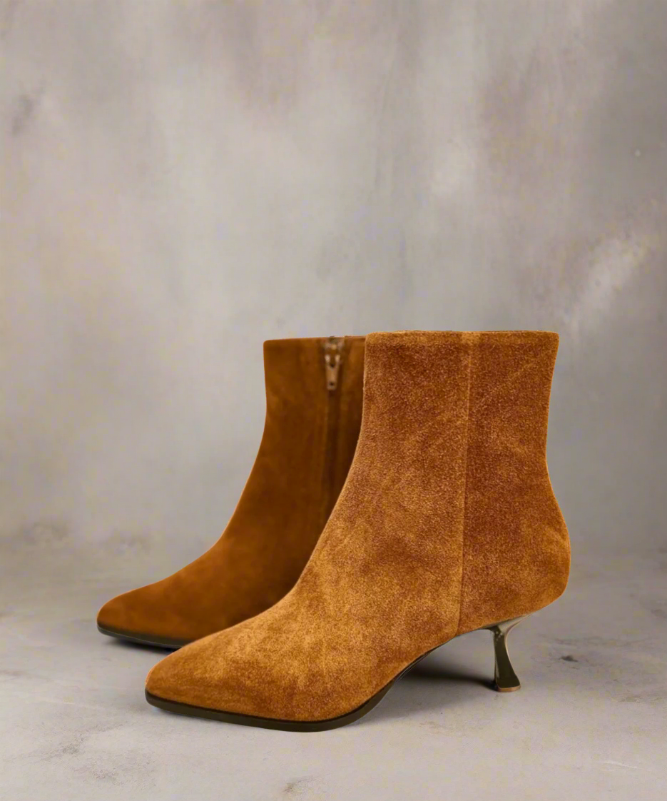 Pair of Tan Royal RepubliQ suede ankle boots with a kitten heel on a gray background