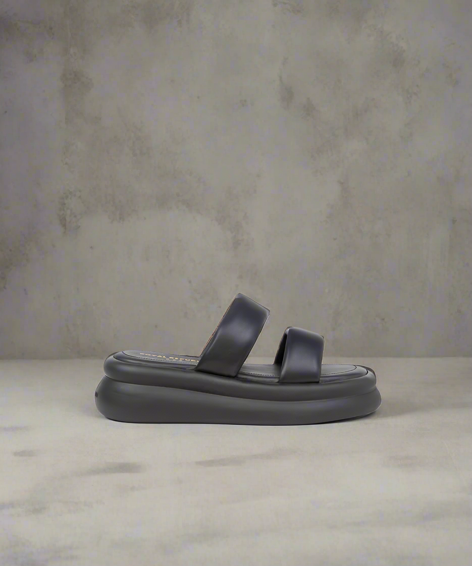 A black strappy sandal with a thick sole and squared toe design.