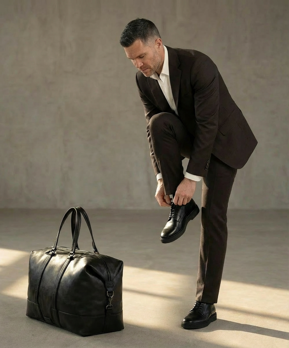 A man in a suit is adjusting his shoe next to a black Royal RepubliQ leather duffel bag on a gray floor.