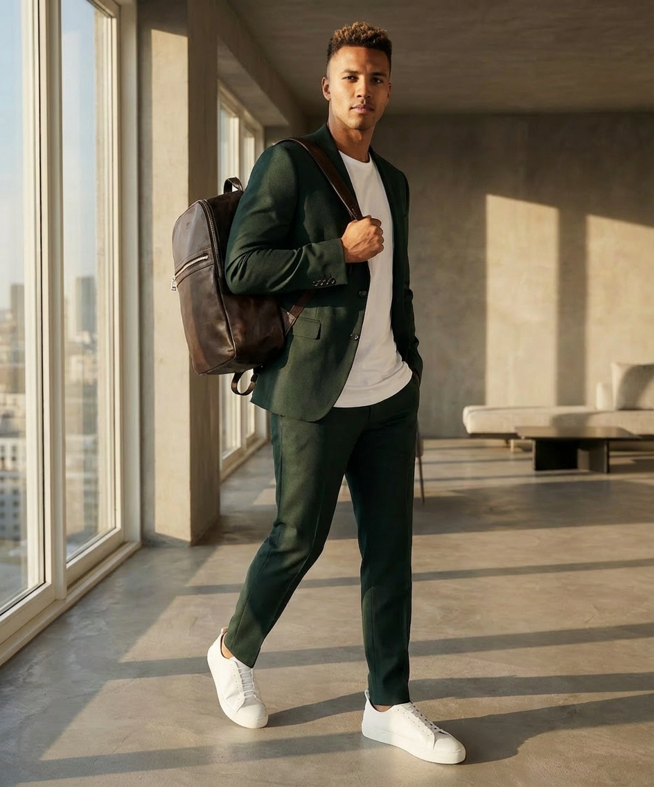 Man in a green suit with a white shirt and white shoes, carrying a brown Royal RepubliQ backpack in a modern building.