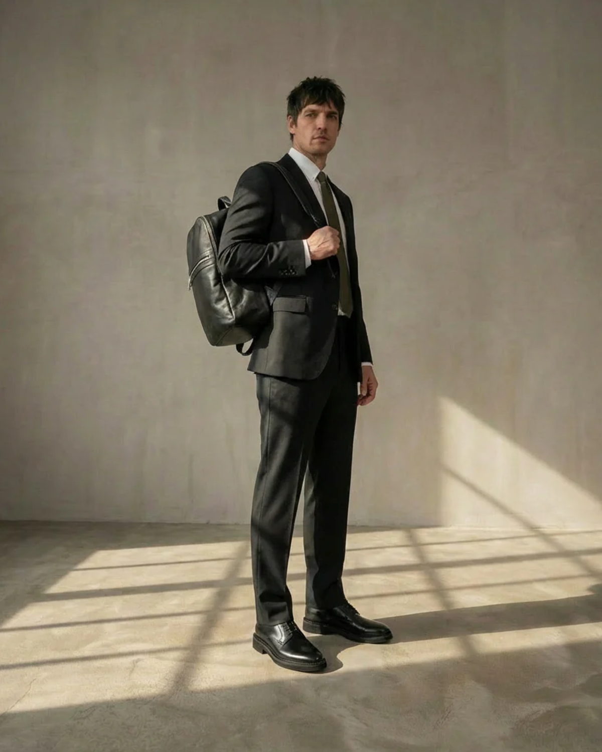 Man in a black suit holding a black Royal RepubliQ backpack against a plain wall.