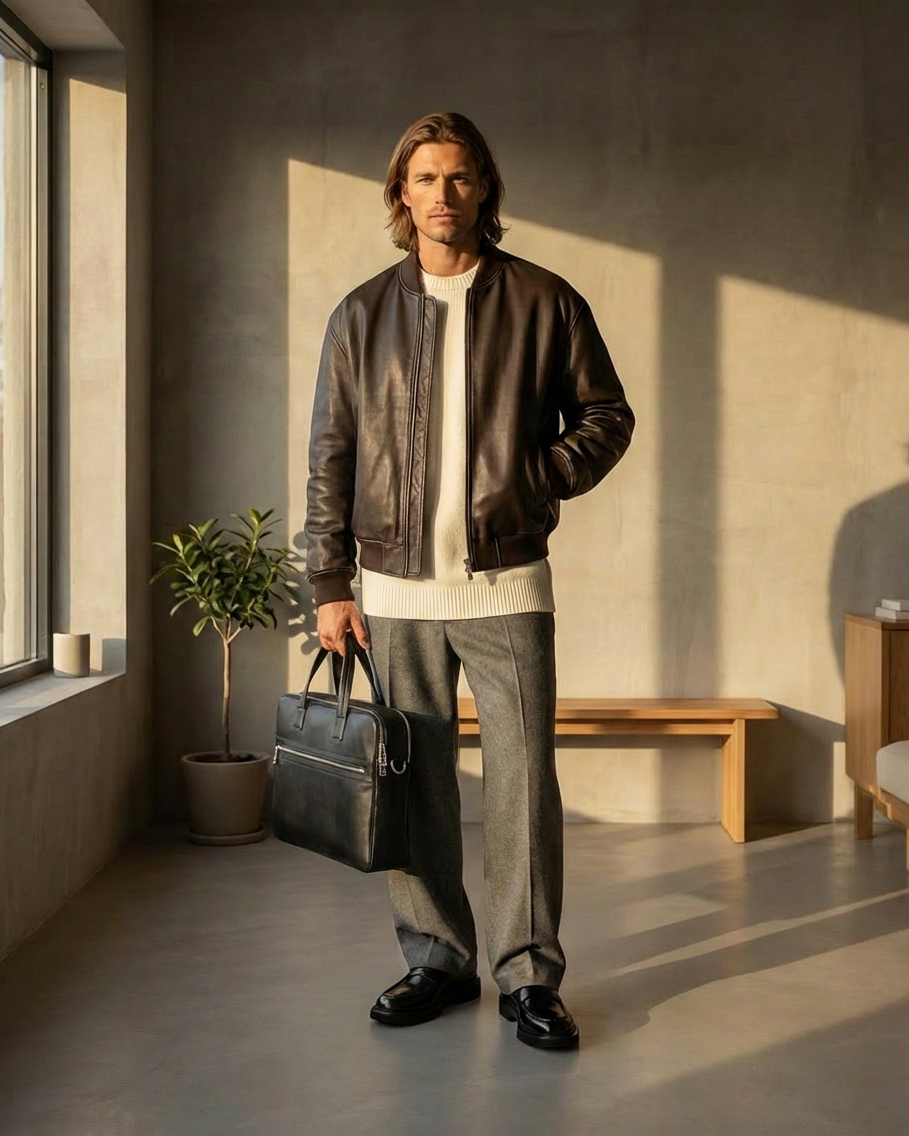 Man in a leather jacket holding a Royal RepubliQ briefcase in a sunlit room.