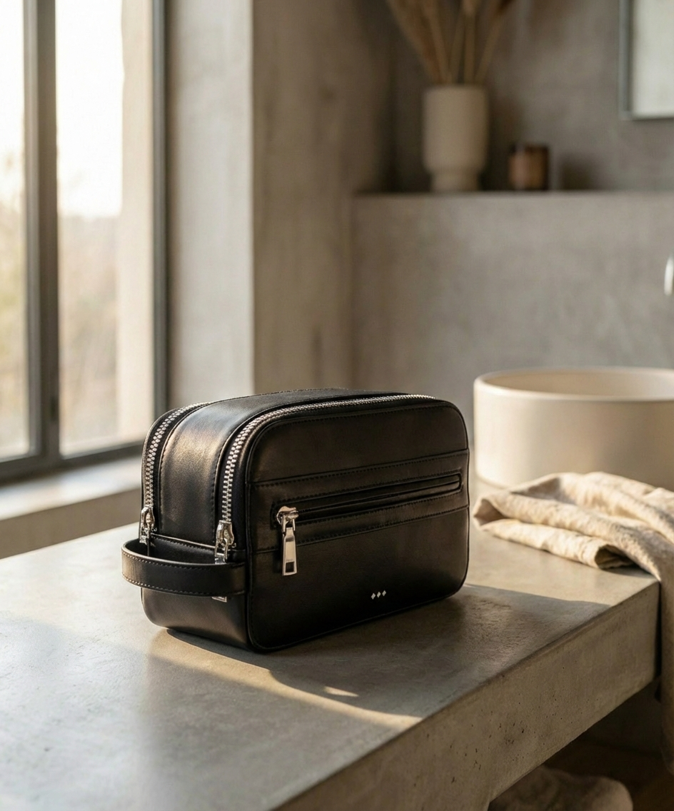 Black leather toiletry bag on a wooden surface with a neutral background