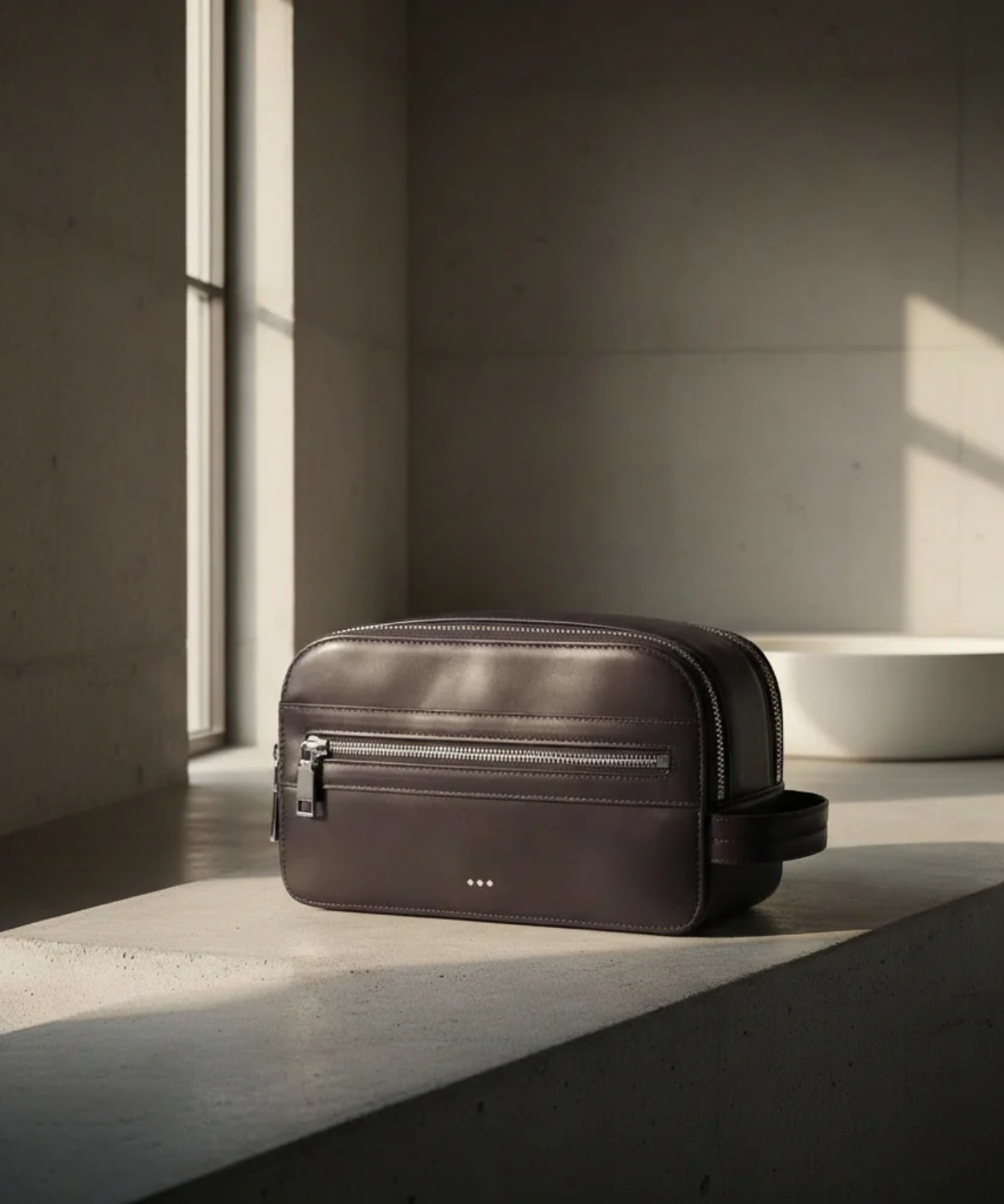Brown leather toiletry bag on a concrete surface with a neutral background