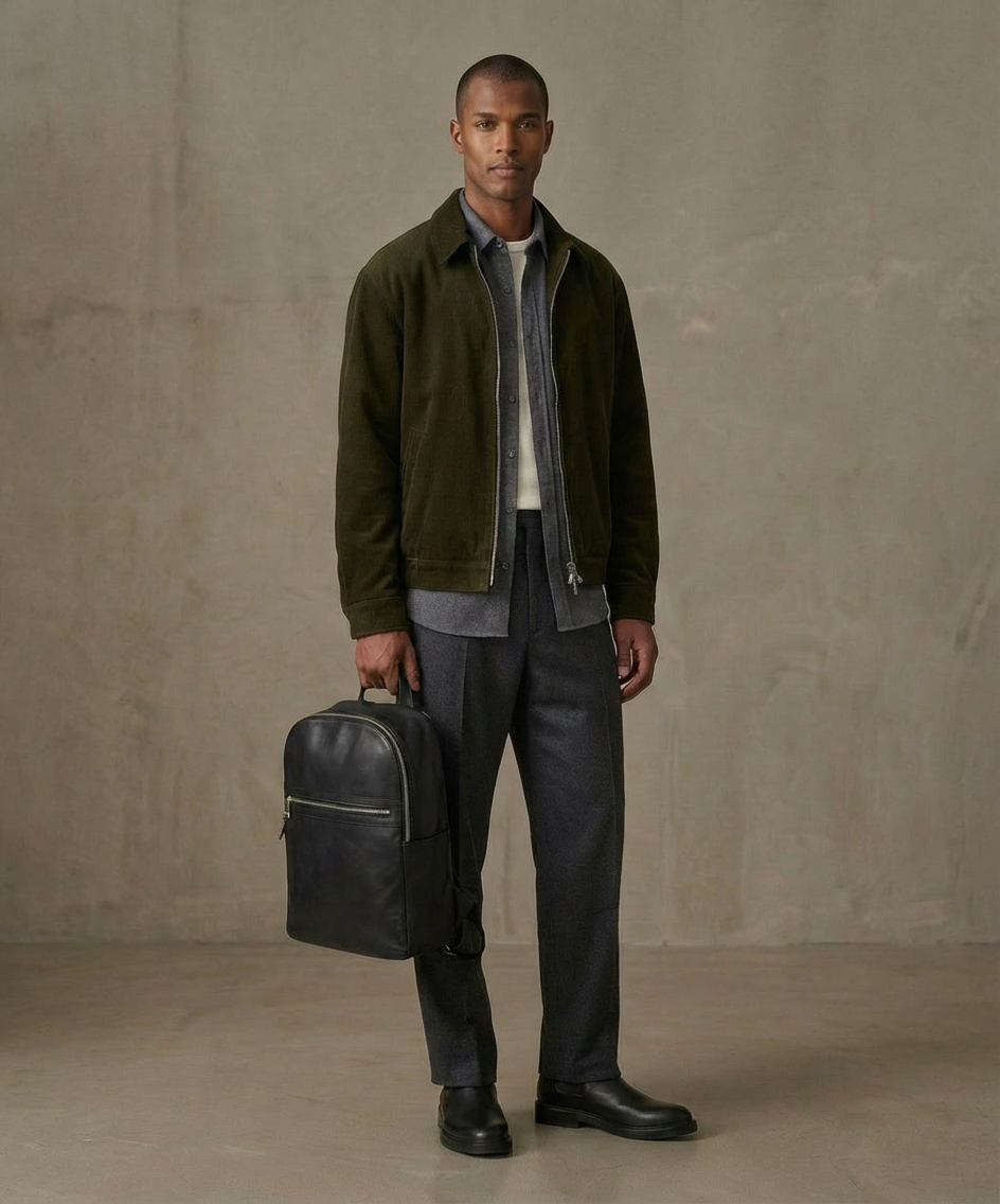 Man holding a black Royal RepubliQ leather briefcase against a plain background