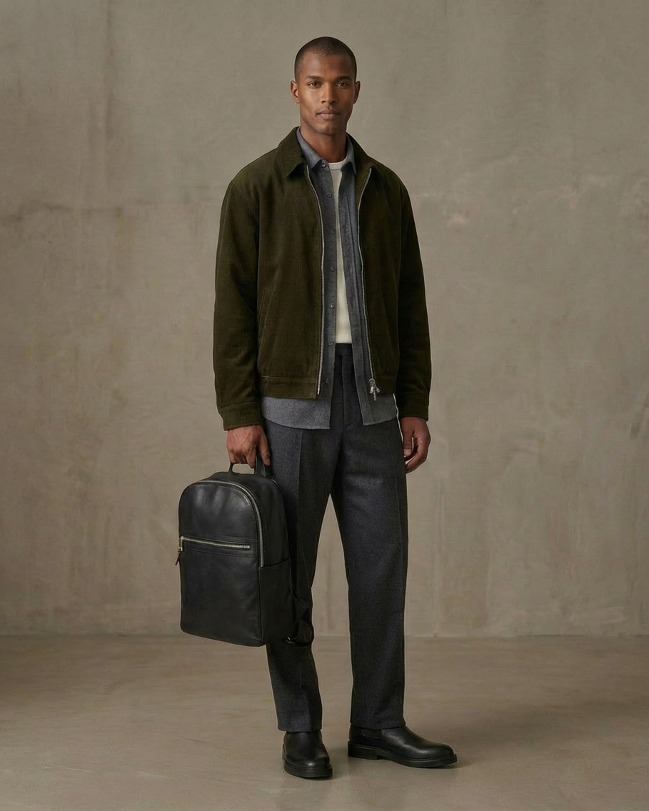 Man holding a black Royal RepubliQ leather briefcase against a plain background