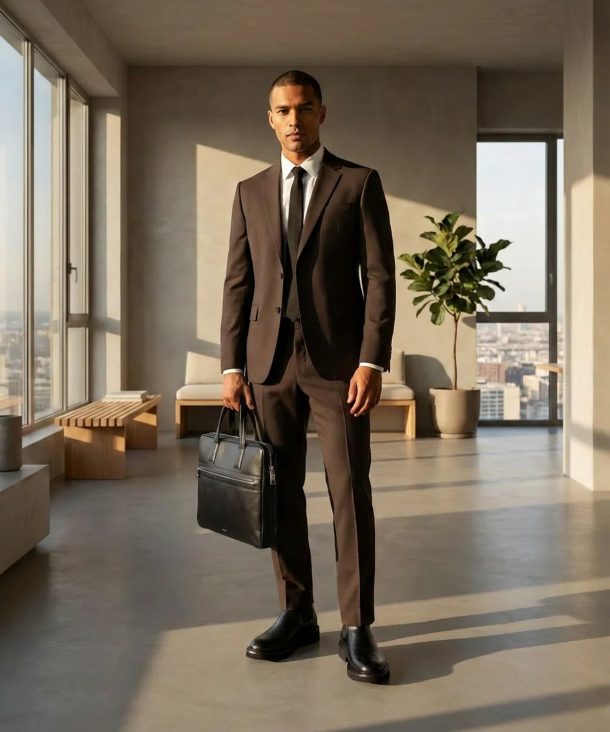 Man in a brown suit holding a black Royal RepubliQ briefcase in a modern office setting.