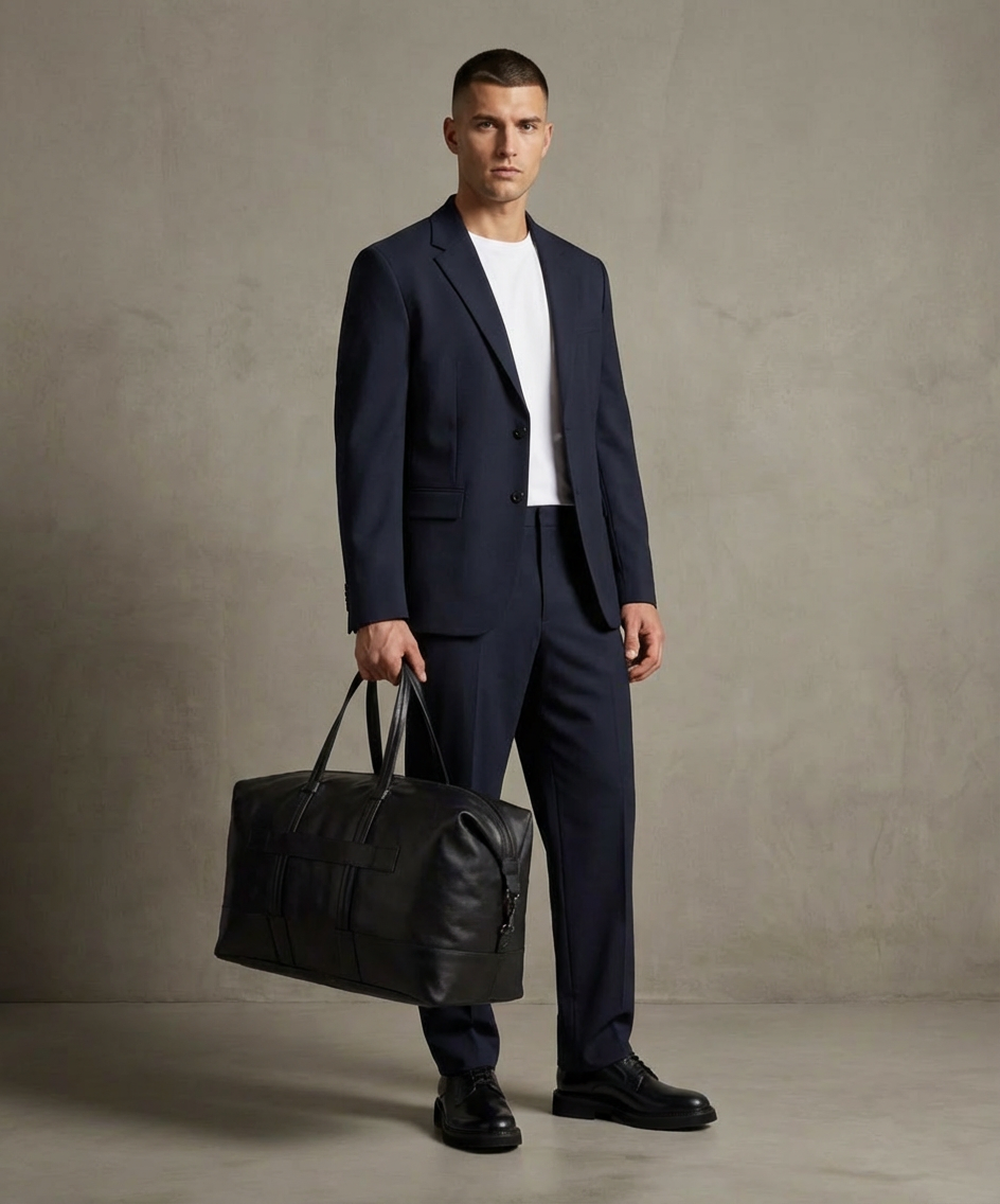 Man in a navy suit holding a black Royal RepubliQ leather bag against a plain background