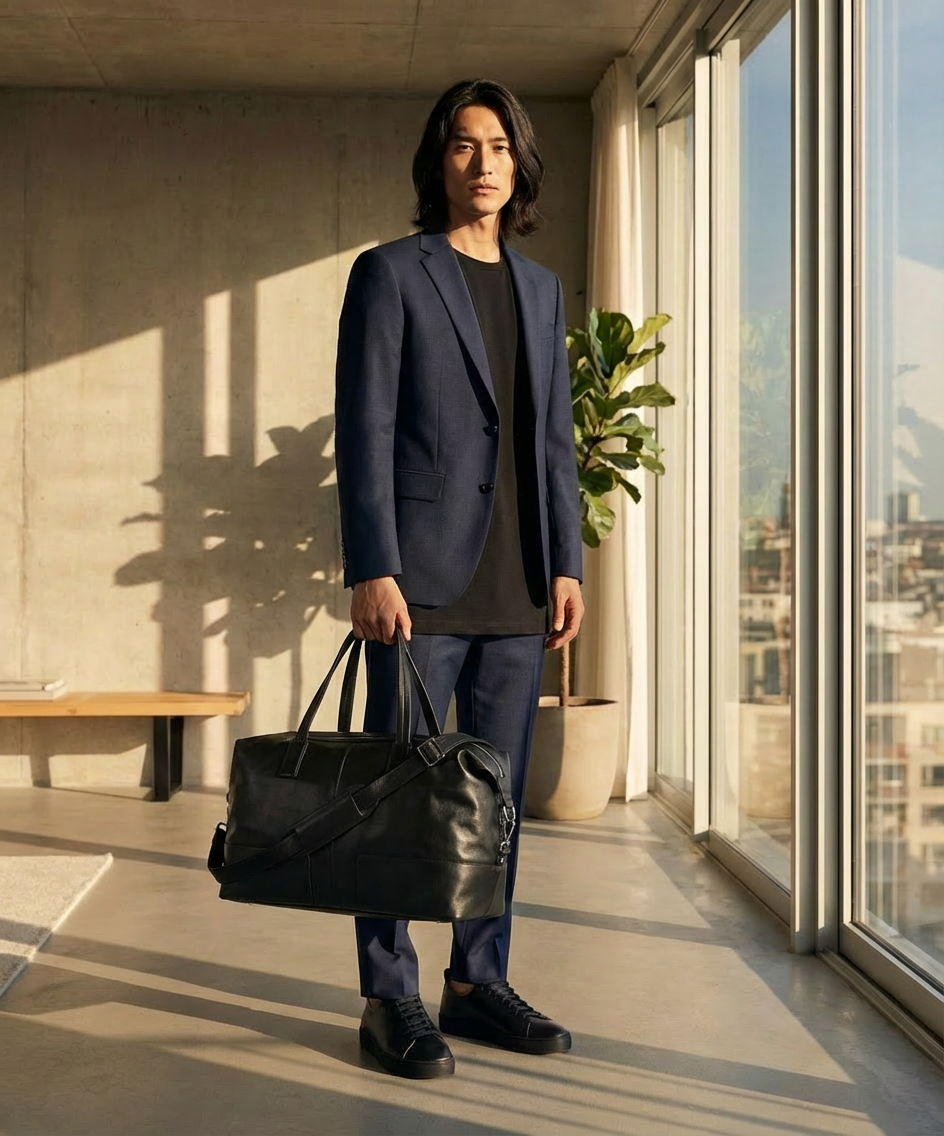 Man in a navy suit holding a black Royal RepubliQ leather duffel bag in a modern indoor setting with large windows.