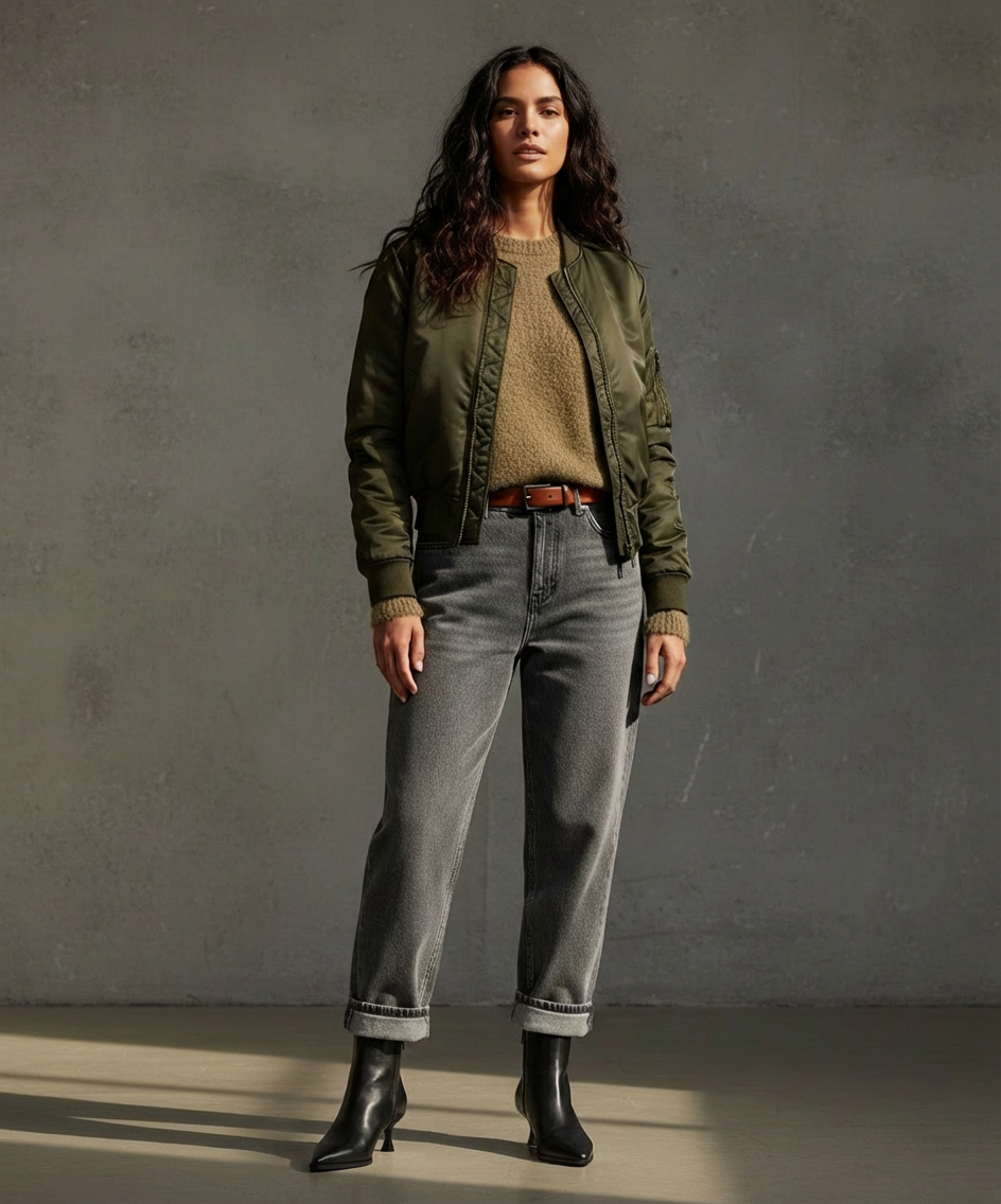Woman wearing a green bomber jacket, beige sweater, gray jeans, and black Royal RepubliQ boots against a gray background