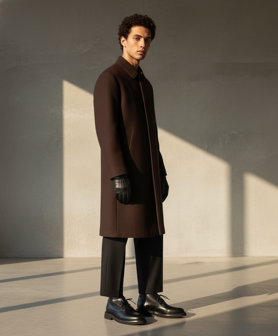 Man wearing a brown coat and black Royal RepubliQ shoes and leather gloves, standing against a neutral wall.