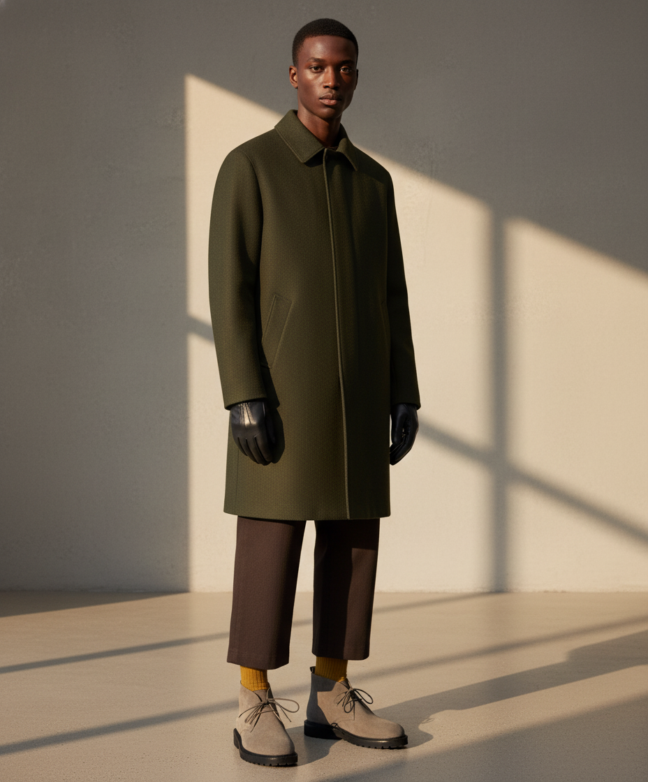 Man wearing a green coat, brown pants, and gray Royal RepubliQ Suede Chukkas. Standing against a neutral background