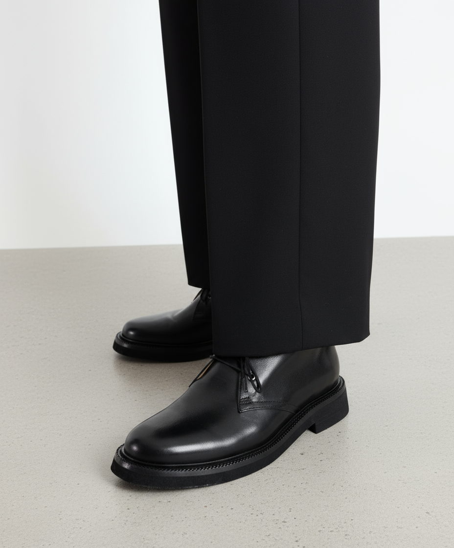 Black dress shoes and black pants on a light gray background
