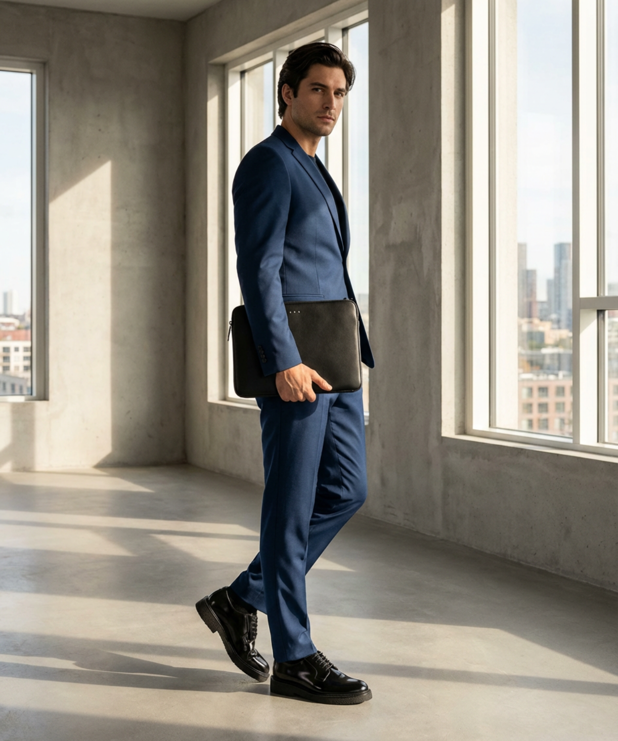 Man in a blue suit holding a black Royal RepubliQ and wearing Royal RepubliQ derby shoes_folder in a modern office setting