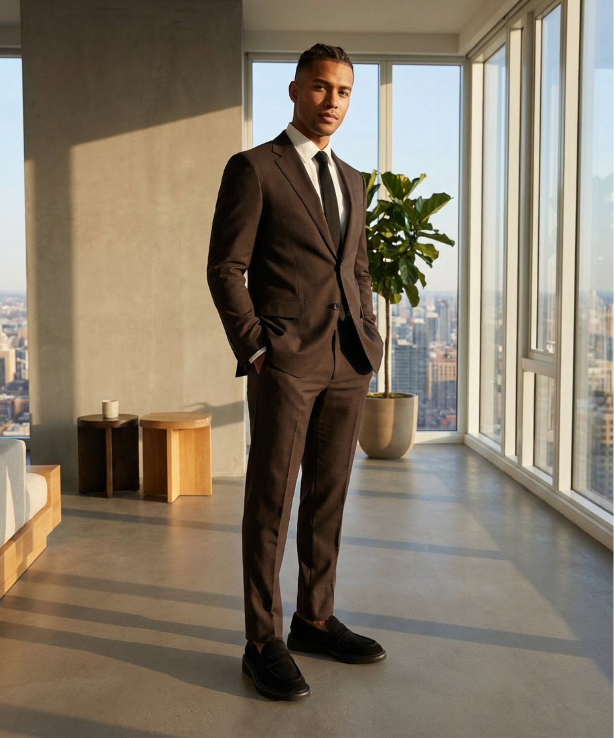 Man in a brown suit standing in a modern room with large windows and city view. Wearing black Royal RepubliQ suede loafers
