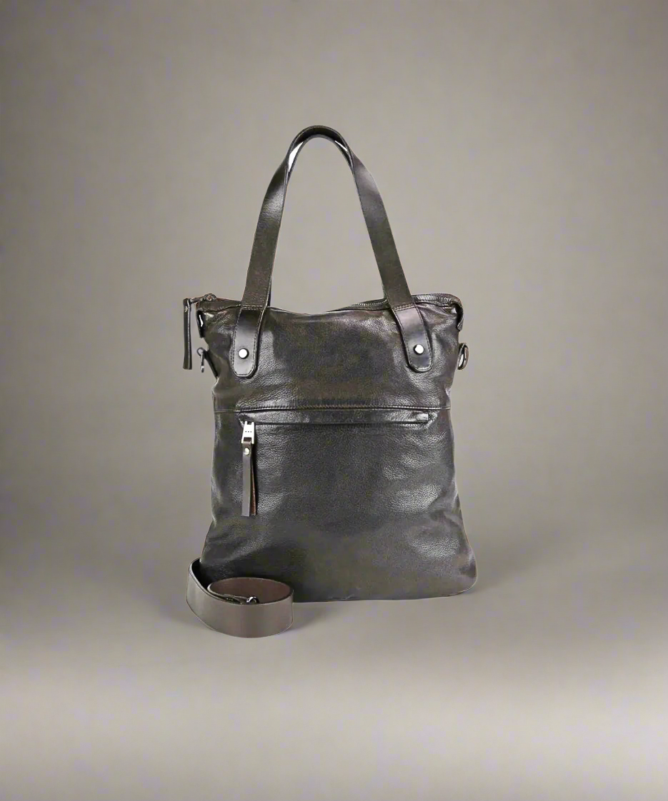 Brown Royal RepubliQ washed leather Tote with a belt on a white background