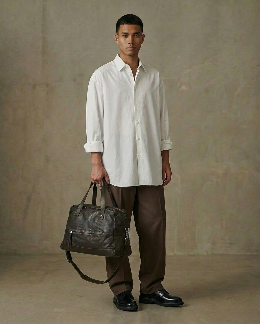 Man holding a leather bag against a plain background