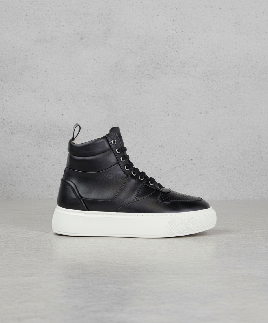 Black high-top sneaker on a gray background