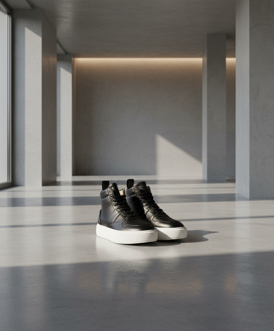 Black high-top sneakers with white soles on a penthouse background