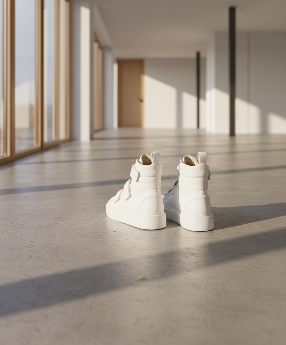 Pair of white Royal RepubliQ high-top sneakers on a gray background