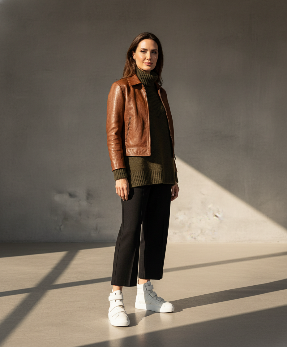 Woman wearing a brown leather jacket, green sweater, black pants, and white Royal RepubliQ sneakers against a gray wall.