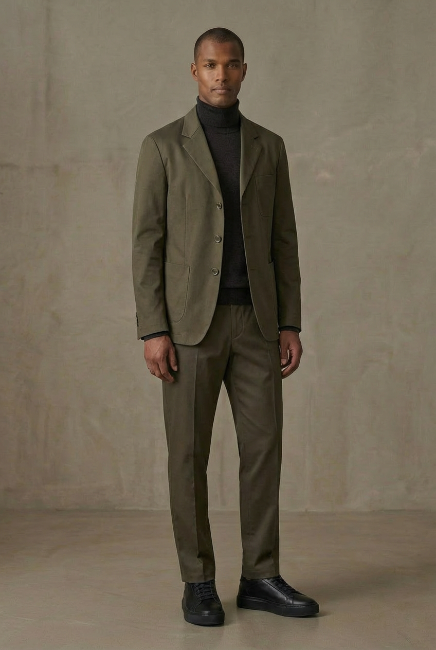 Man wearing a green suit, and black Royal RepubliQ sneakes standing against a plain background