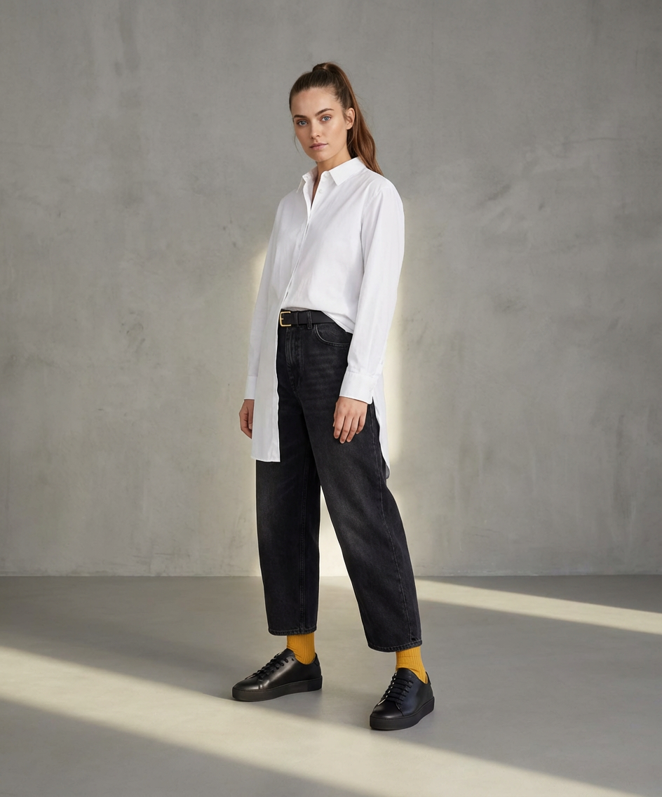 Women wearing a white shirt, black pants, and Black Royal RepubliQ Sneakers against a gray background