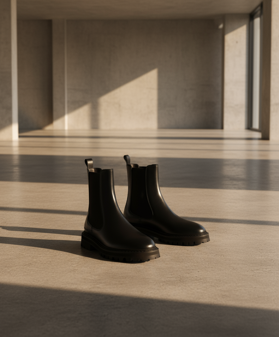 Black leather boots worn with brown pants on a white background