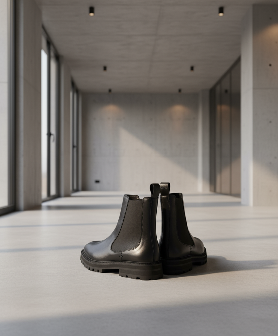Pair of black Royal RepubliQ Chelsea boots in a modern, minimalistic room with concrete walls and floor.