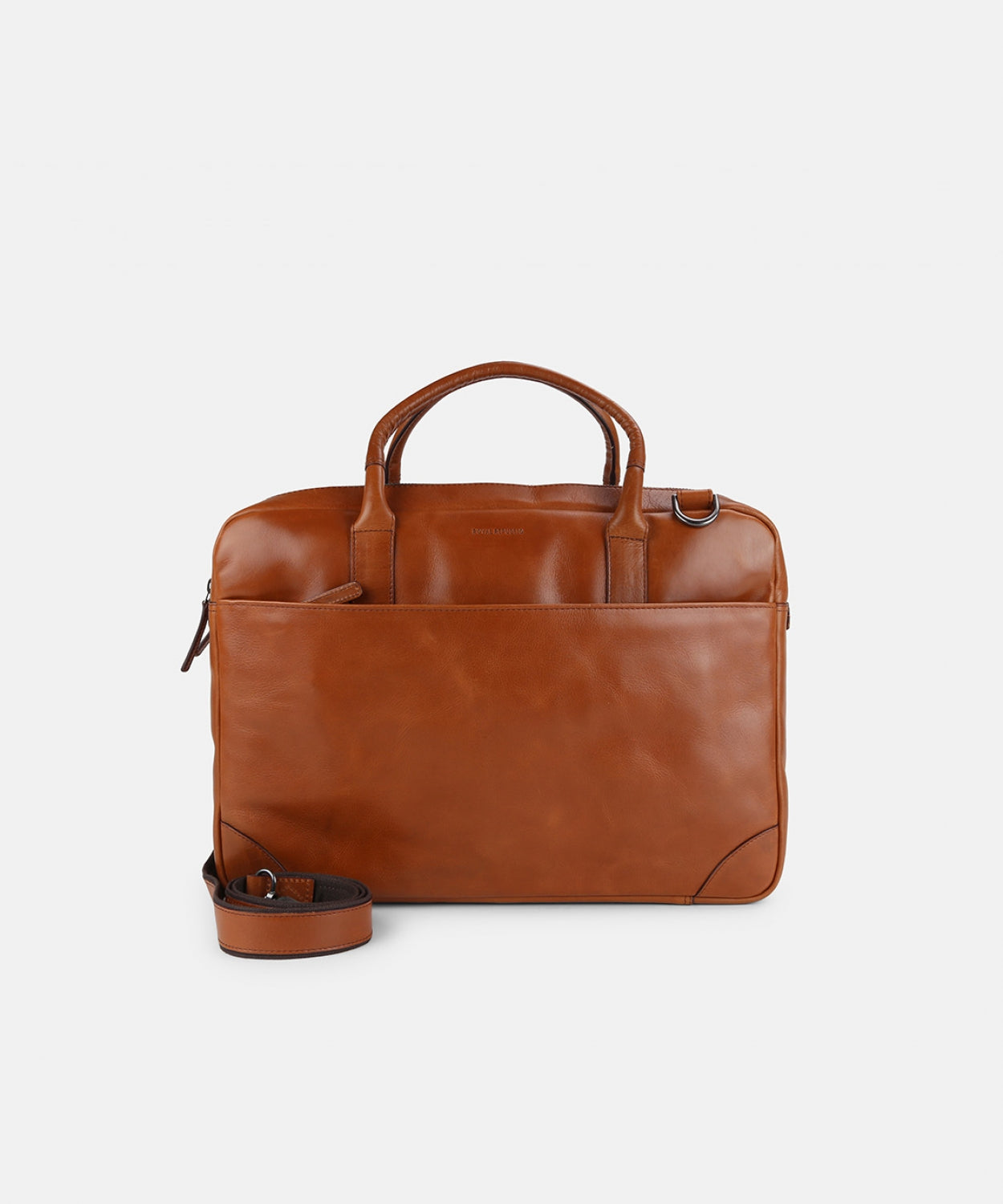 A brown leather laptop bag with a front pocket and two handles.