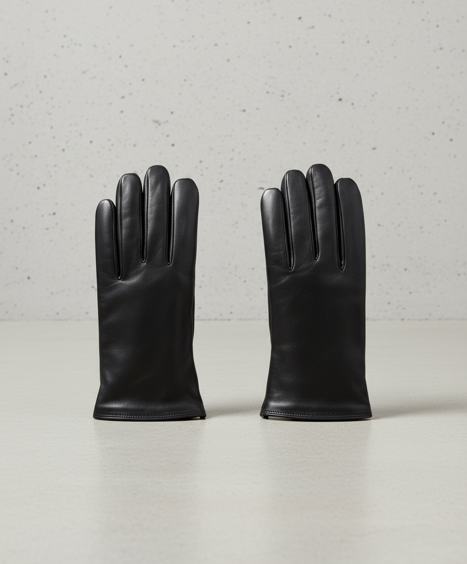 Pair of black leather gloves on a GRAY background