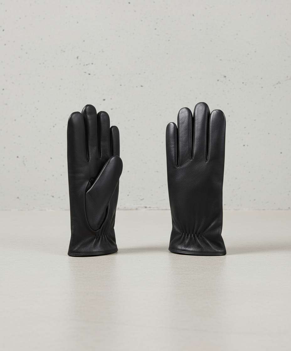 Pair of black leather gloves on a gray background