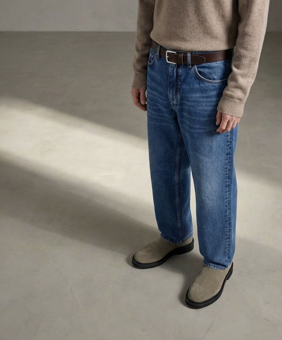 Person wearing blue jeans a brown Royal RepubliQ leather belt, and a beige sweater on a plain background