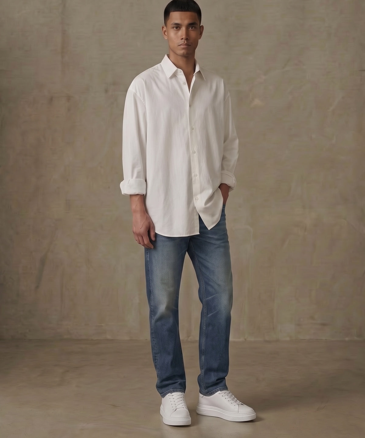 Model in white shirt and jeans wearing the new Vectra One white leather sneaker with updated platform outsole