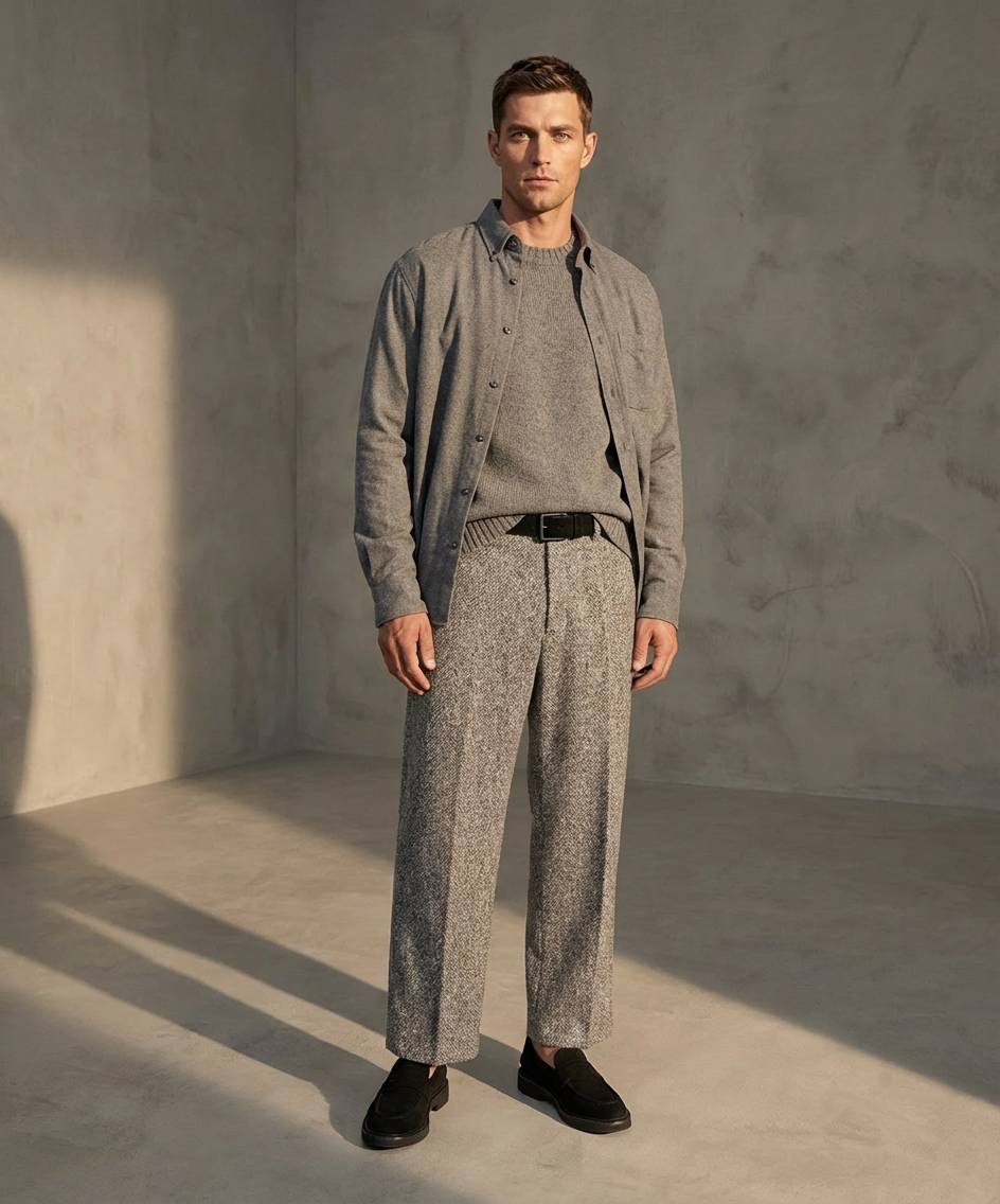 Man wearing a gray sweater and pants standing in a softly lit room. Wearing black suede loafers from Royal RepubliQ