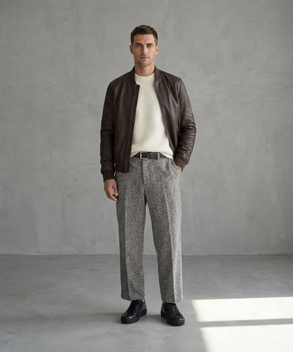 Man wearing a brown leather jacket, white shirt, and gray patterned pants against a gray background, and black Doric sneakers from Royal RepubliQ