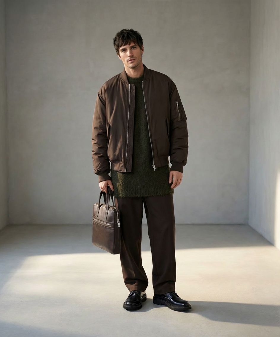 Man in a brown jacket and pants holding a brown Royal RepubliQ leather briefcase in a minimalistic setting