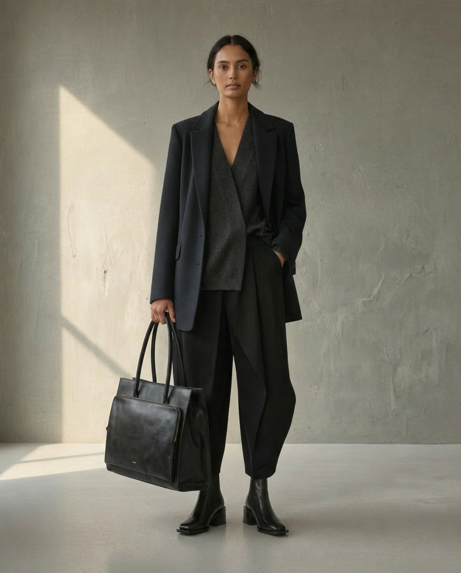 Woman in a black suit holding a black Royal RepubliQ handbag against a neutral background