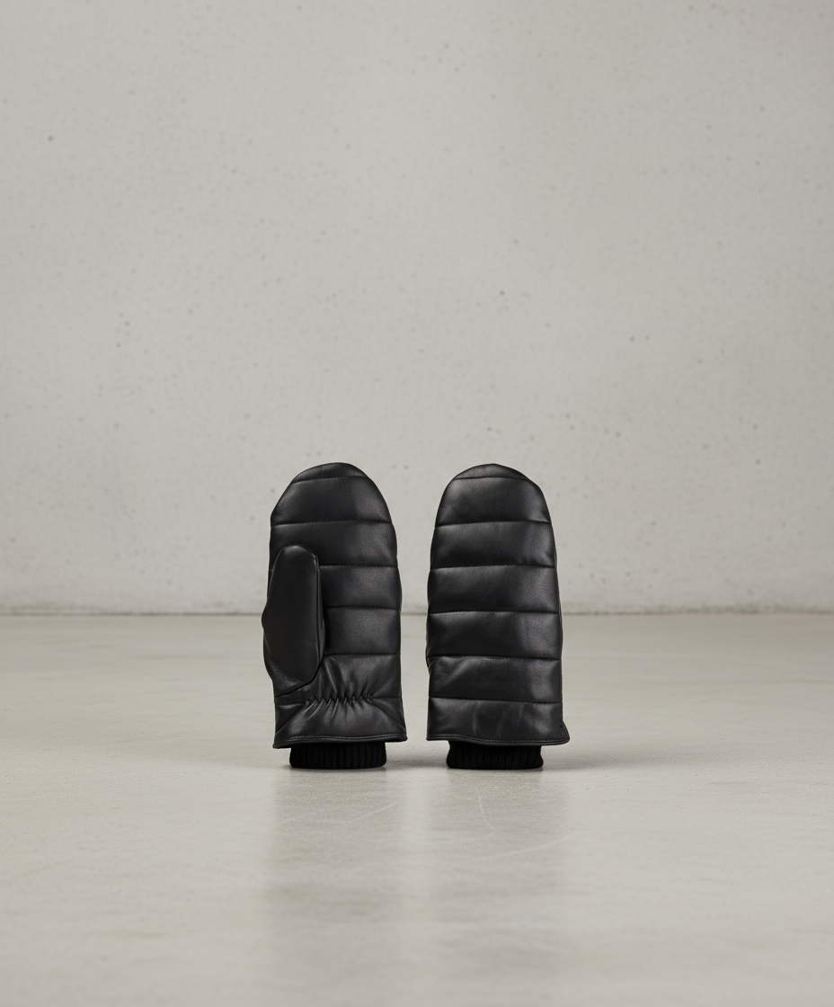Pair of black quilted mittens on a white background