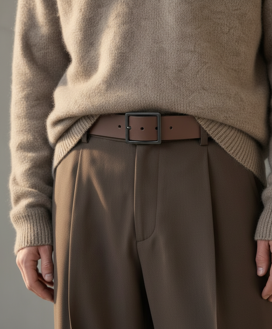 Person wearing a beige sweater and brown pants with a brown Royal RepubliQ belt on a gray background