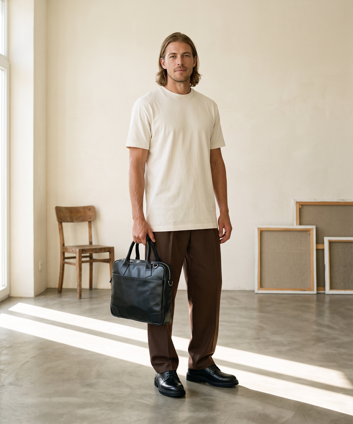 Royal RepubliQ Nano Single Bag in black leather, carried by a man in a long-fit off-white t-shirt, wide chocolate brown pleated wool trousers and polished black derby shoes in a bright European apartment interior — contemporary lifestyle