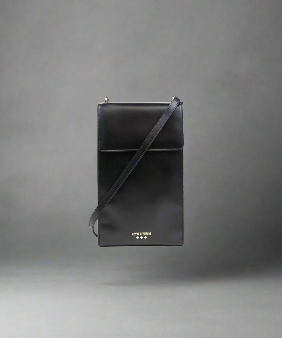 Black leather crossbody bag on a gray background