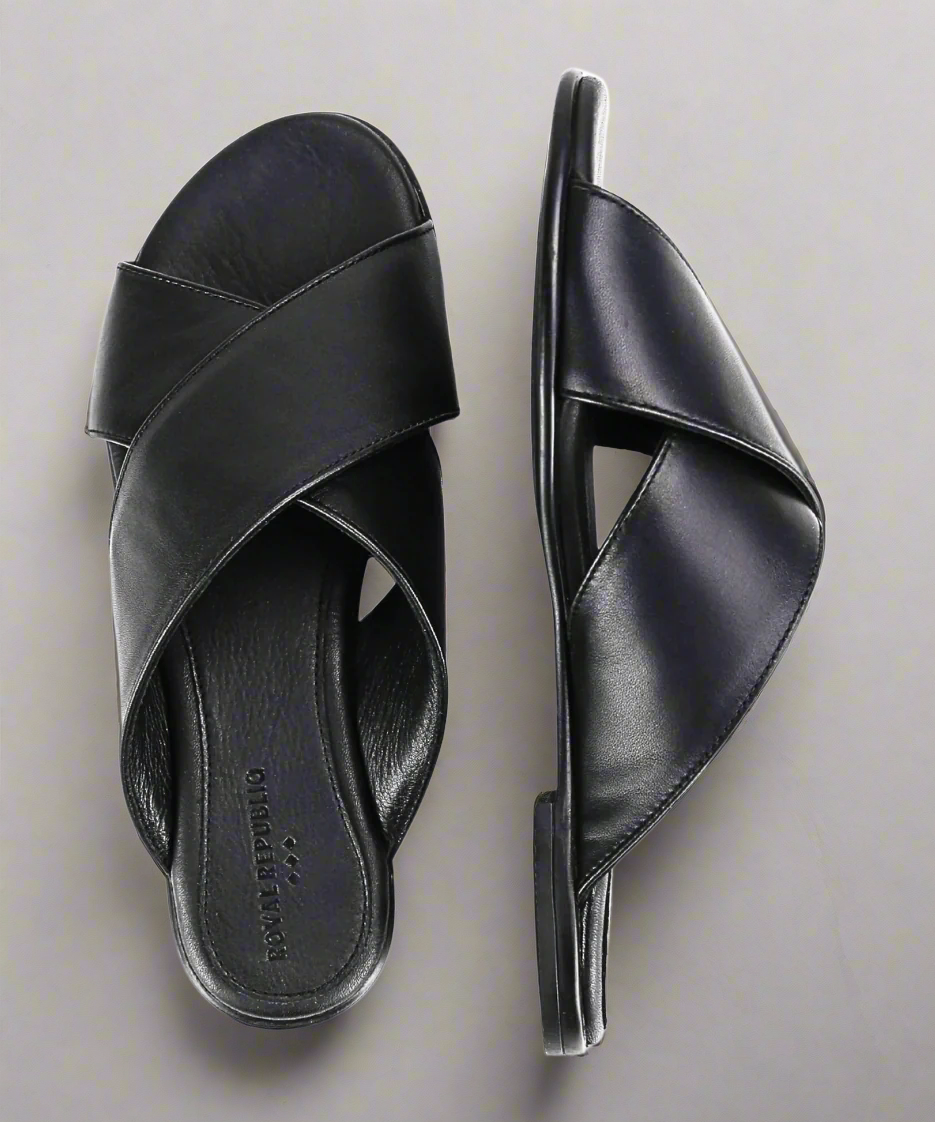 Black sandals on a grey background