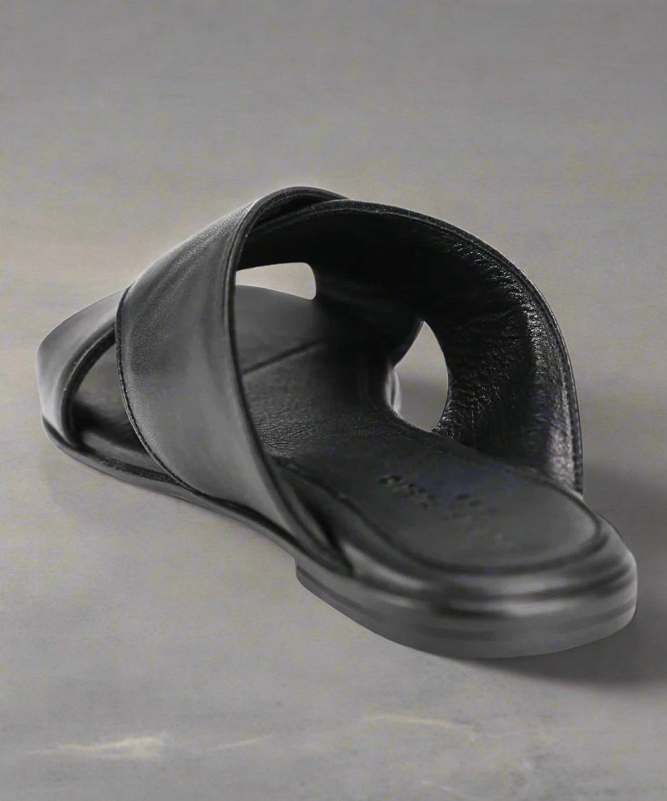 Black sandal on a grey background