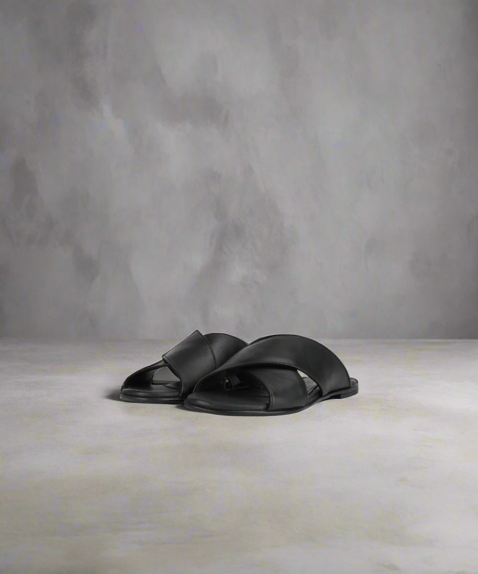Black sandal on a grey background